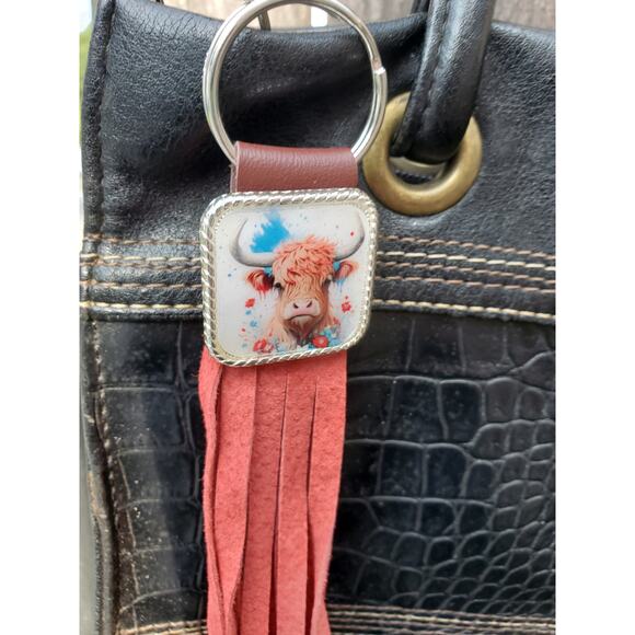 Handmade cow lover boho Leather Fringe Western bag charm, Long fringe keychain - Picture 4 of 6